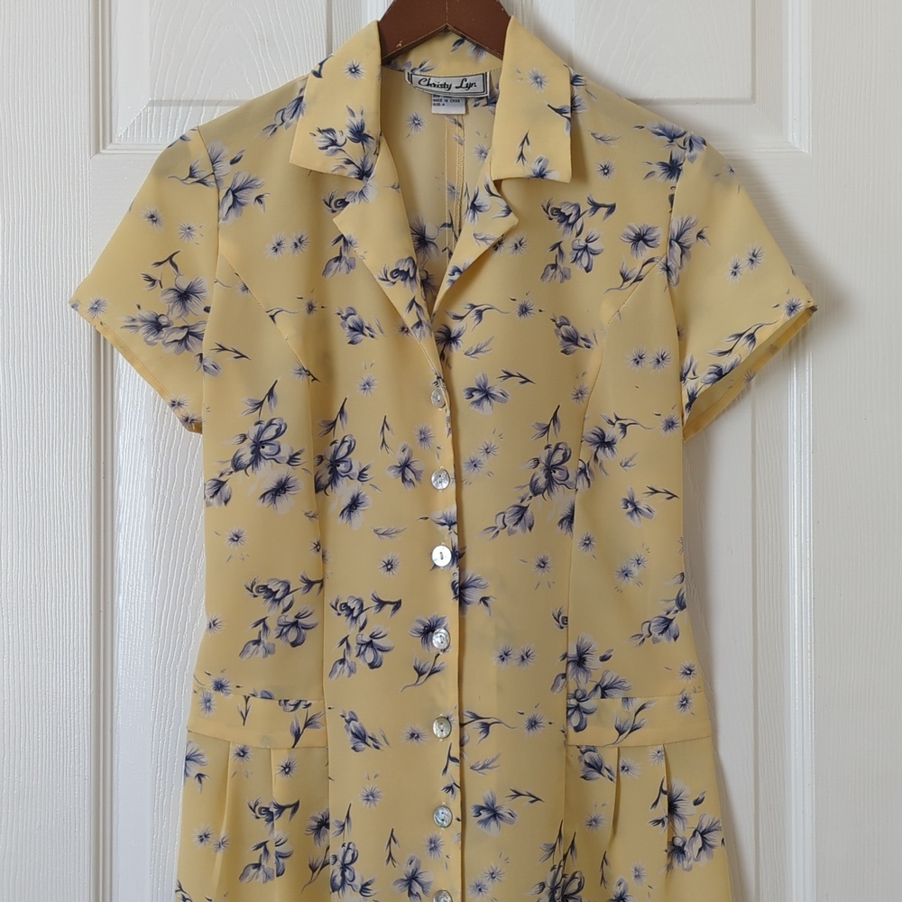 Christy Lyn 90's Vintage Floral Short Sleeve Button Front Midi Dress Yellow 4 - Picture 2 of 14